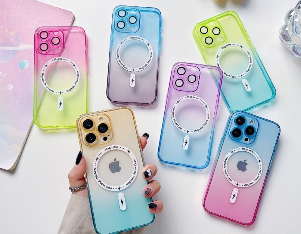 Husa Apple iPhone 14, Magsafe Gradient TPU, geam protectie camere, albastru/portocaliu 2