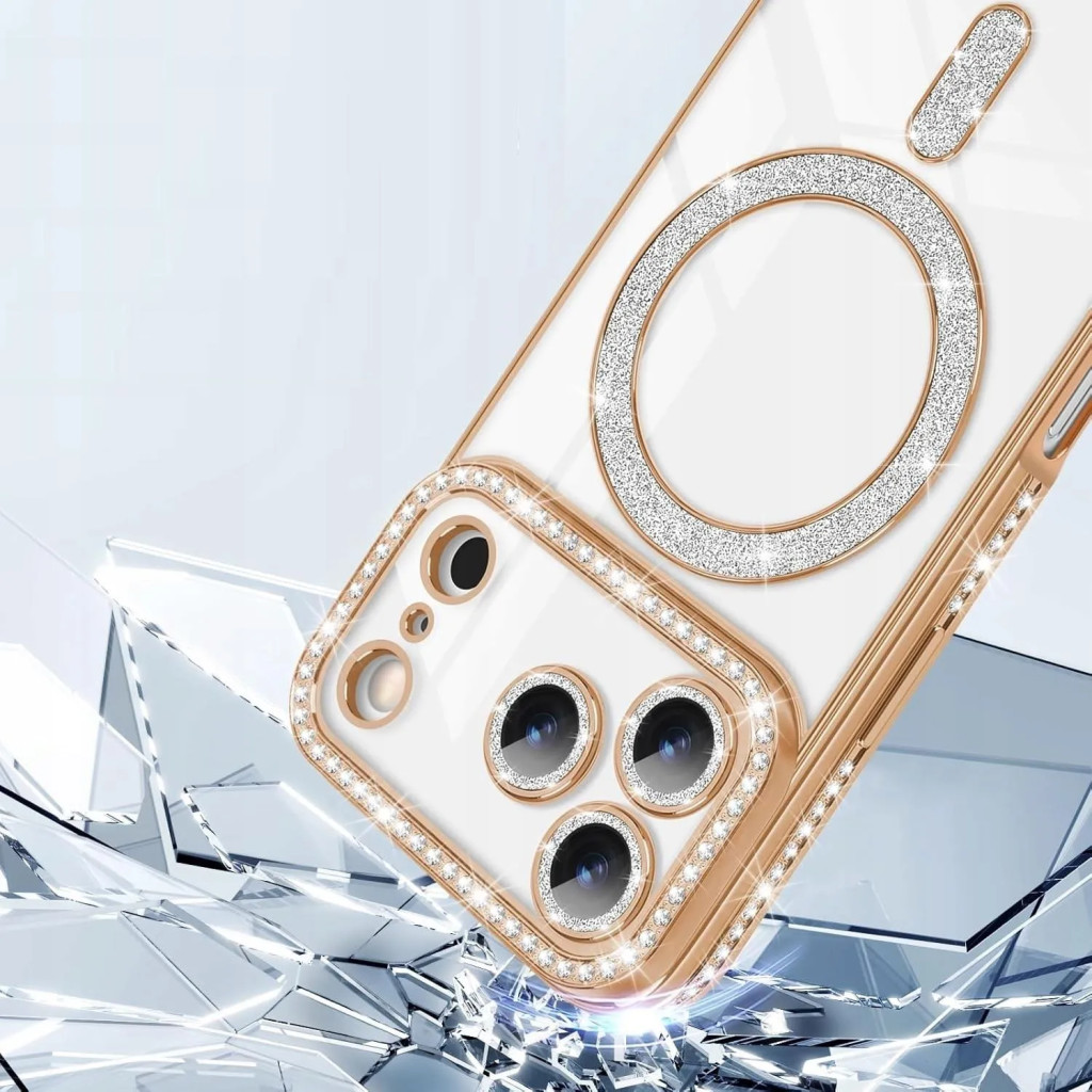 Husa Apple iPhone 17 Pro, Electroplating Bling Magsafe, protectie camera, margini argintii 3