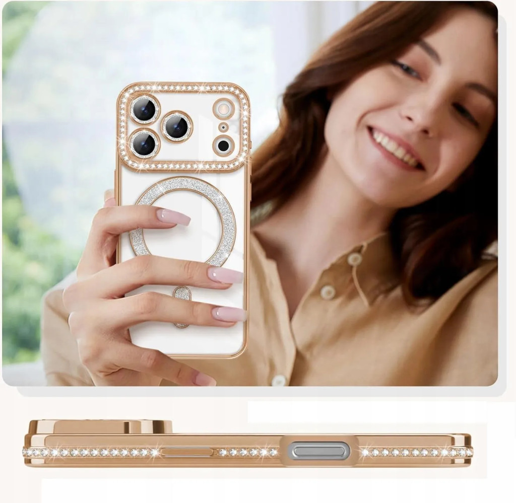 Husa Apple iPhone 17 Pro, Electroplating Bling Magsafe, protectie camera, margini argintii 4