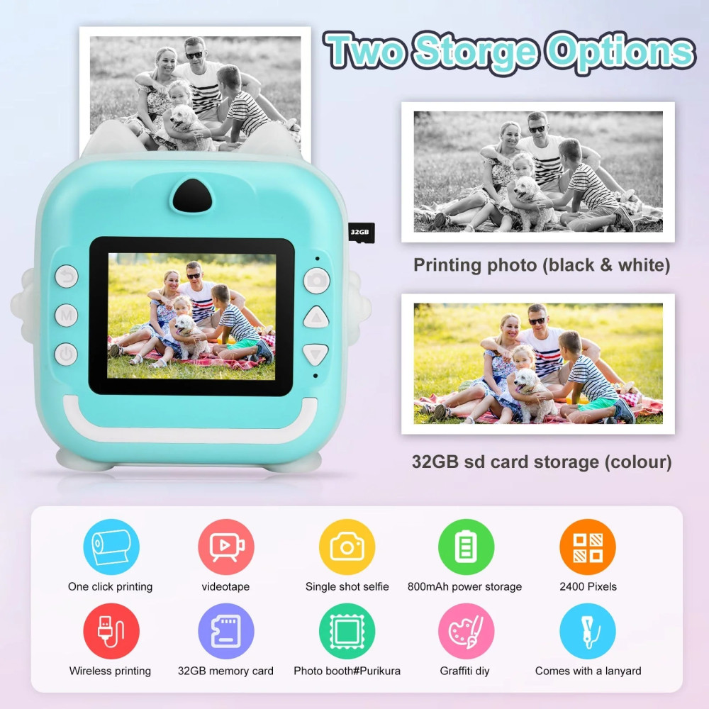 Aparat foto, camera video Full HD pentru copii, imprimanta termica incorporata, turcoaz 3