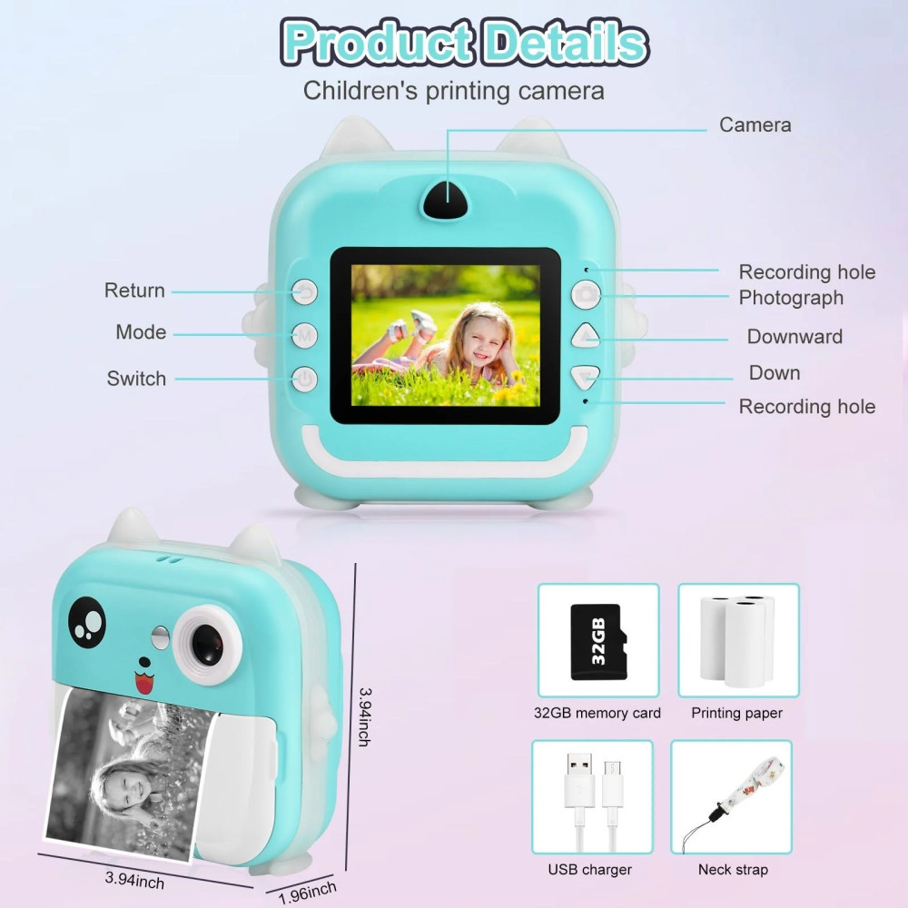 Aparat foto, camera video Full HD pentru copii, imprimanta termica incorporata, turcoaz 4