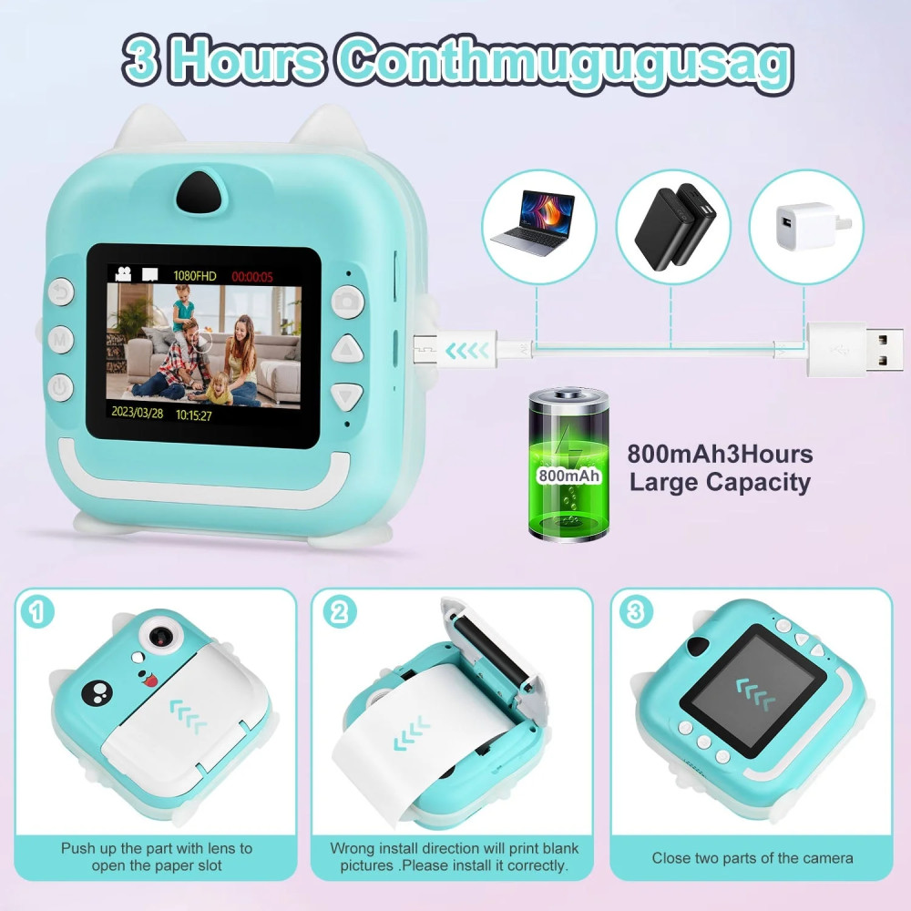 Aparat foto, camera video Full HD pentru copii, imprimanta termica incorporata, turcoaz 5