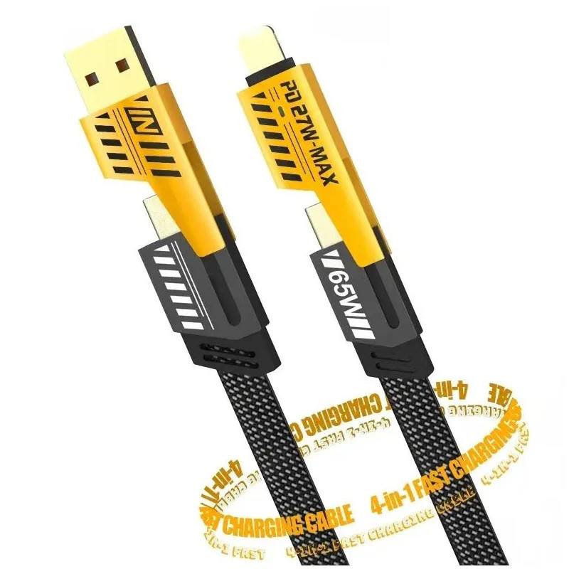 Cablu de date si incarcare 4 in 1, USB / Type C / Lightning, maxim 65W, impletit, plat, capete metalice 2