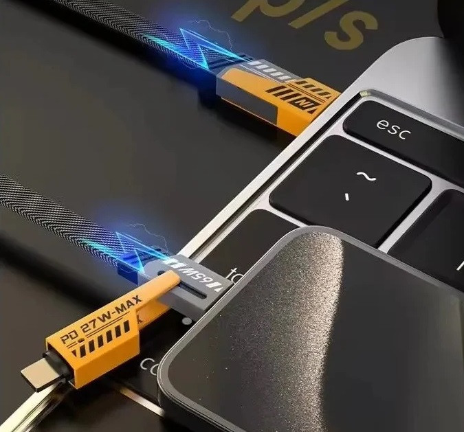 Cablu de date si incarcare 4 in 1, USB / Type C / Lightning, maxim 65W, impletit, plat, capete metalice 4