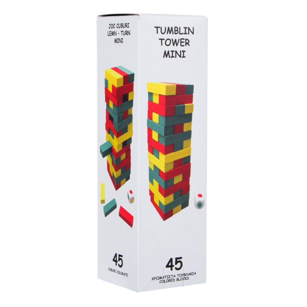 Joc de societate Turnul Instabil (Tumblin Tower), 45 piese de lemn colorate si zar 2