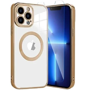 Husa Apple iPhone 13 Pro, Magsafe Electroplating TPU, protectie camera, margini aurii