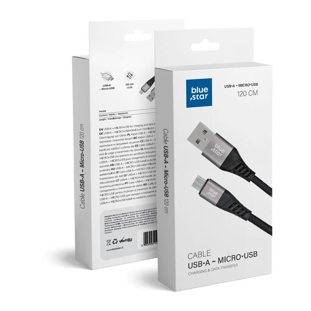 Cablu de date si incarcare MicroUSB Bluestar, 1.2 metri, 2A, negru 3