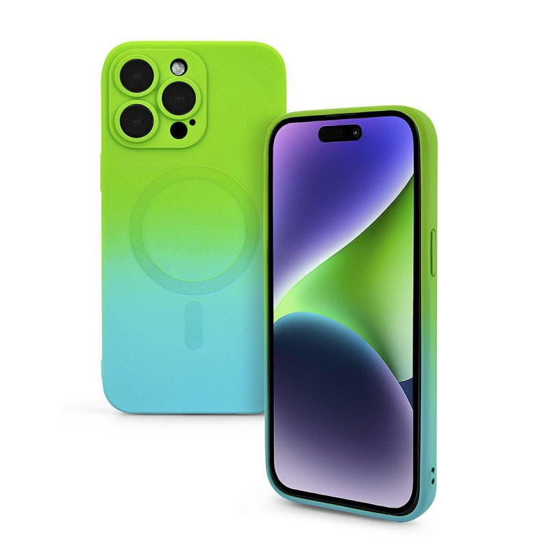 Husa Apple iPhone 12 Pro, Magsafe Ombre Silicone, geam protectie camere, verde/albastru 5