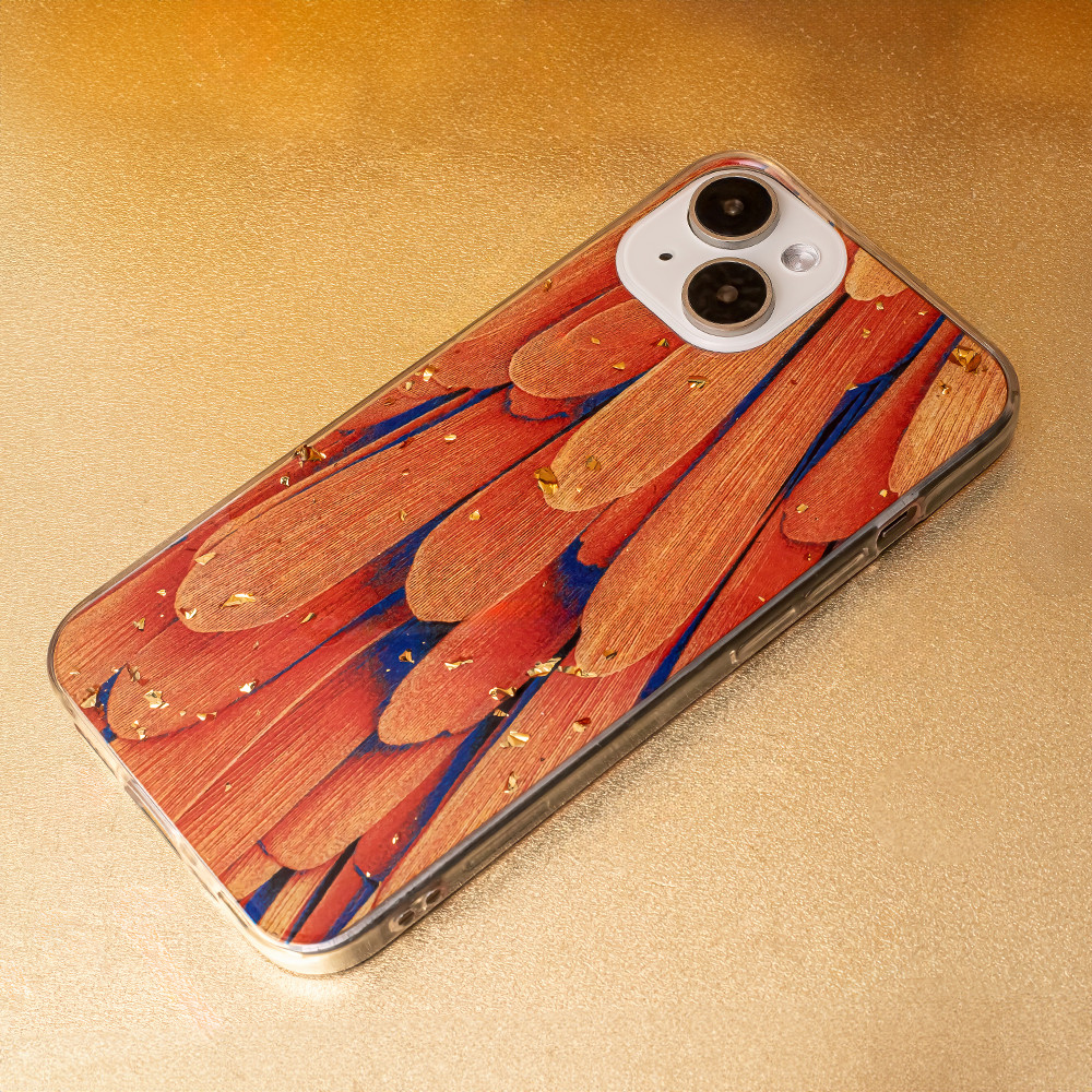 Husa Apple iPhone 15 Pro, Gold Glam, Orange Feathers 2