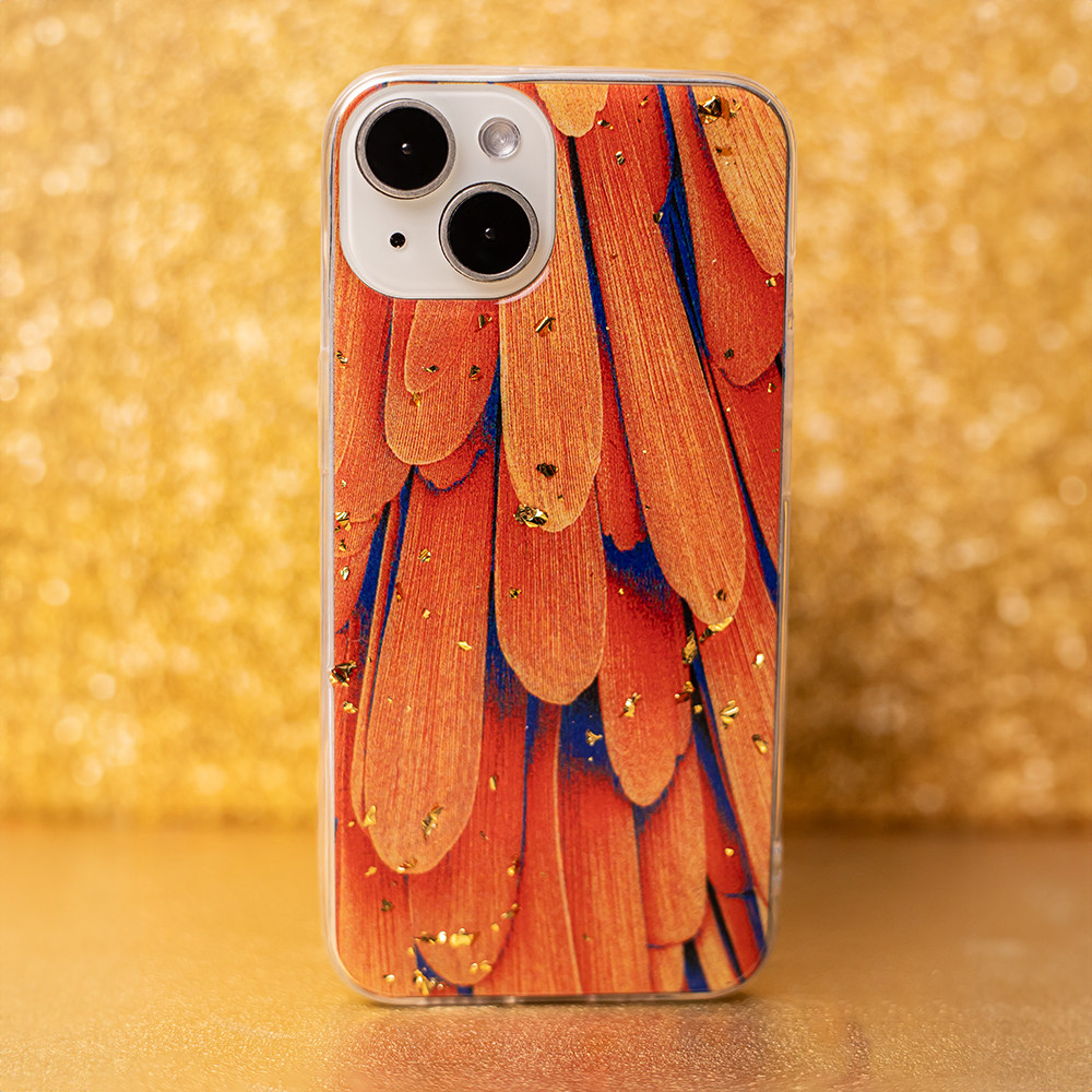 Husa Apple iPhone 15 Pro, Gold Glam, Orange Feathers 3