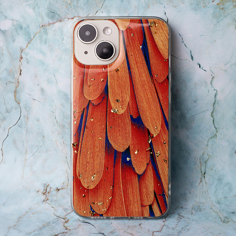 Husa Apple iPhone 15 Pro, Gold Glam, Orange Feathers 5
