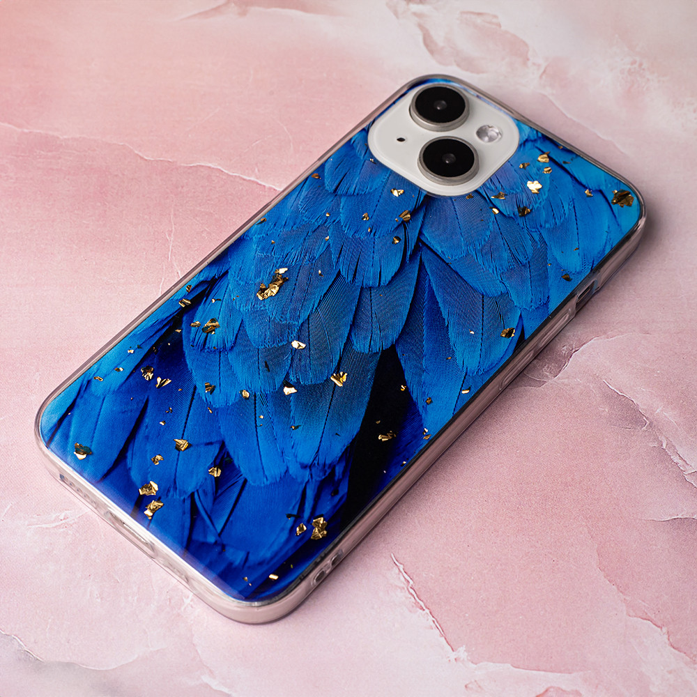 Husa Apple iPhone 15, Gold Glam Blue Feathers 5