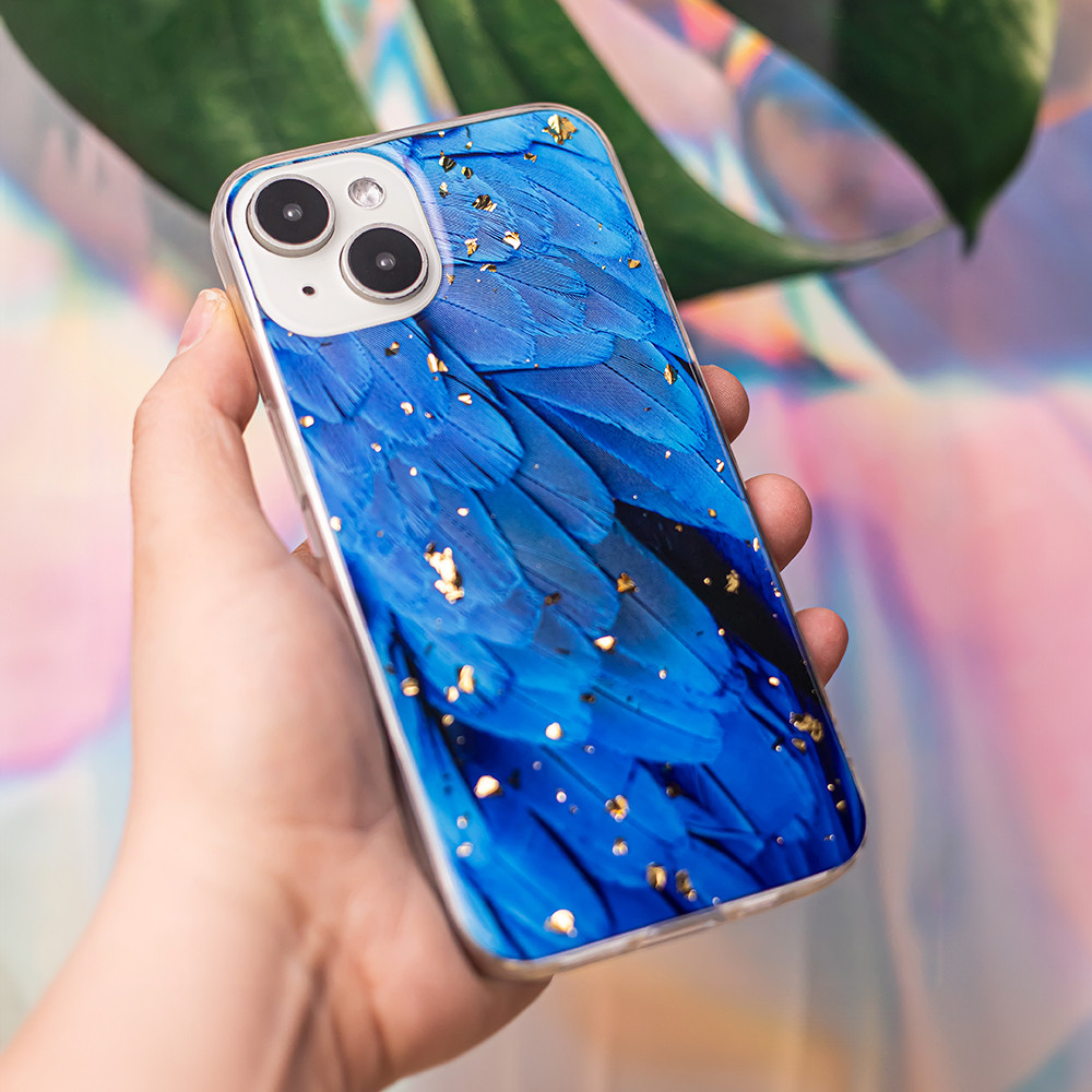 Husa Apple iPhone 15 Pro, Gold Glam Blue Feathers 2