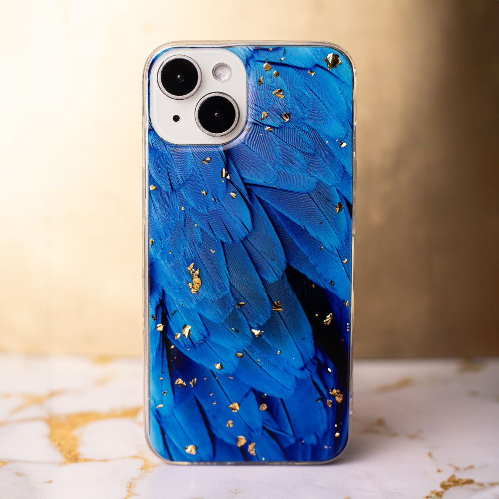 Husa Apple iPhone 15 Pro, Gold Glam Blue Feathers 3