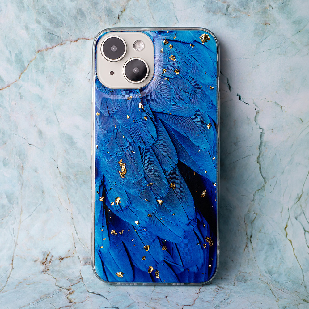Husa Apple iPhone 15 Pro, Gold Glam Blue Feathers 4