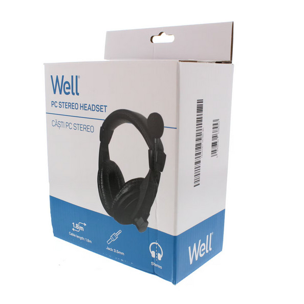 Casti stereo cu microfon Well, lungime cablu 1.8 metri, conexiune jack 3.5 mm, diametru difuzor 40 mm, impedanta 32 Ohm, negre 3