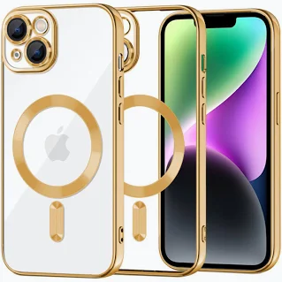 Husa Apple iPhone 14, Magsafe Electroplating TPU, protectie camera, margini aurii