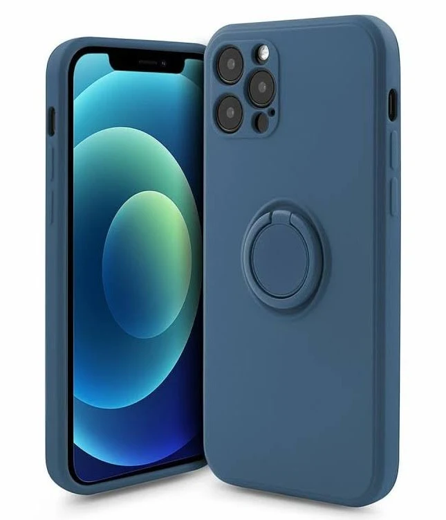 Husa Apple iPhone 12 / 12 Pro, Ring Silicone, suport sustinere rotativ, catifea in interior, albastru inchis