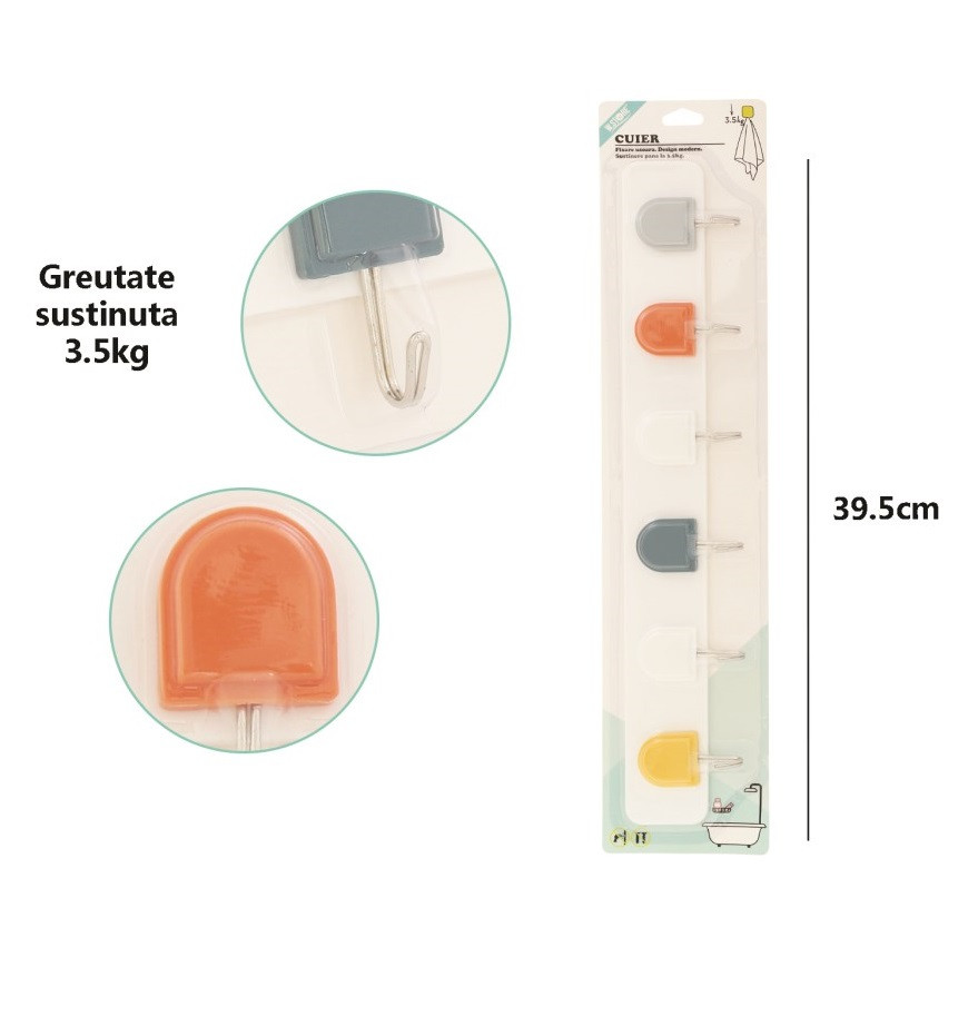 Cuier plastic cu 6 agatatori, greutate maxima 3.5 kg, prindere cu autoadeziv 2