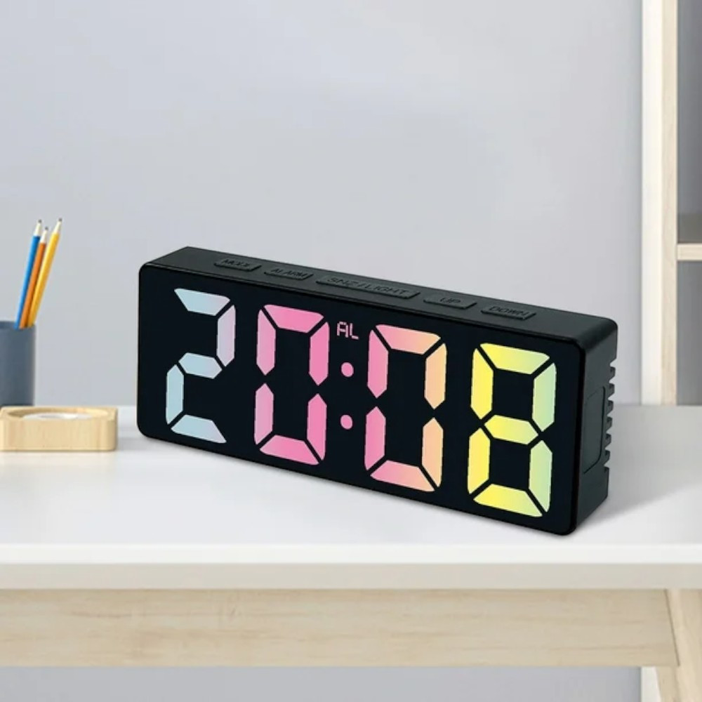 Ceas de masa digital LED DS-3806C, carcasa neagra si afisaj multicolor 2