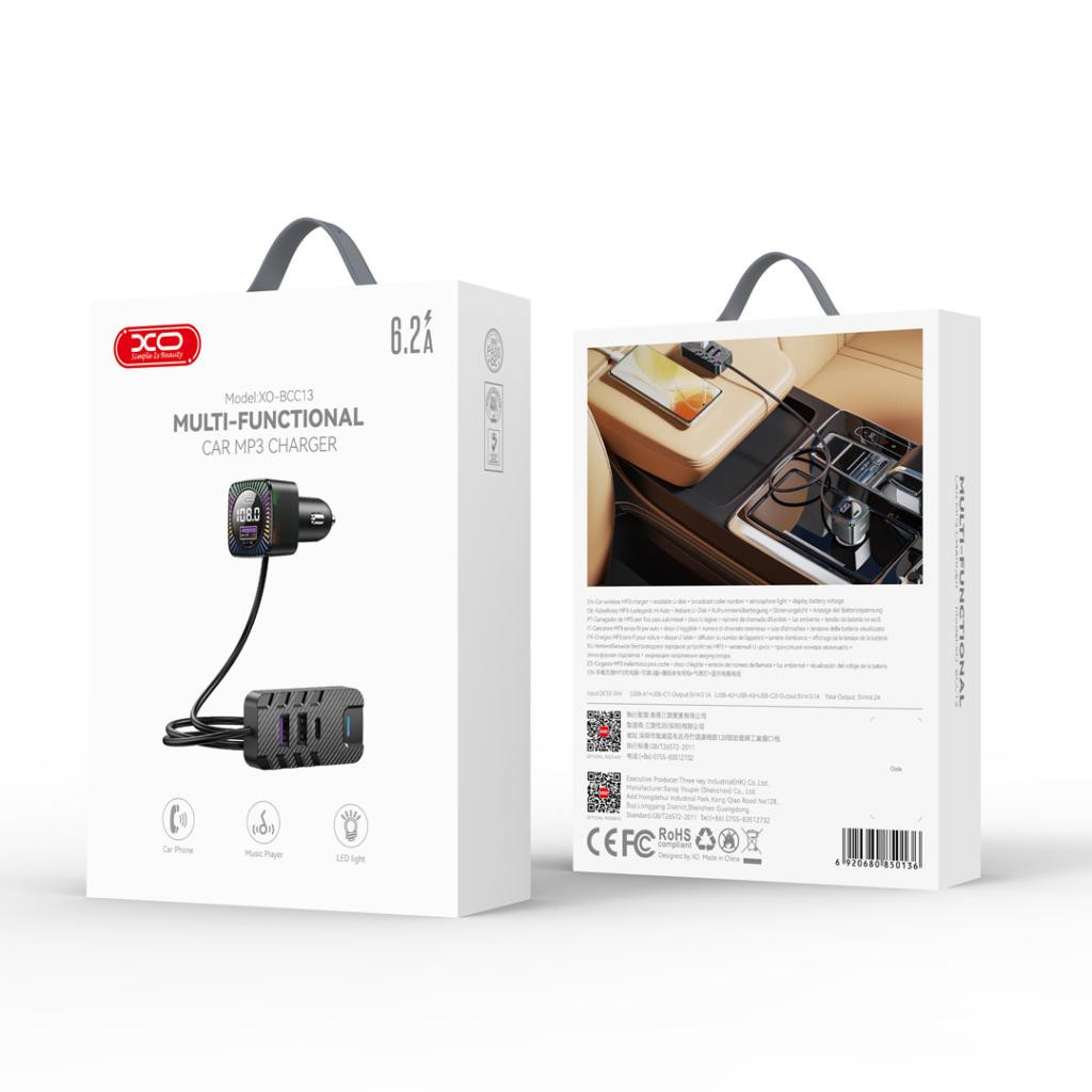 Modulator FM XO BCC13, 2 x USB-C, 3 x USB-A. 3.1A, cablu 1.5 metri, negru 2