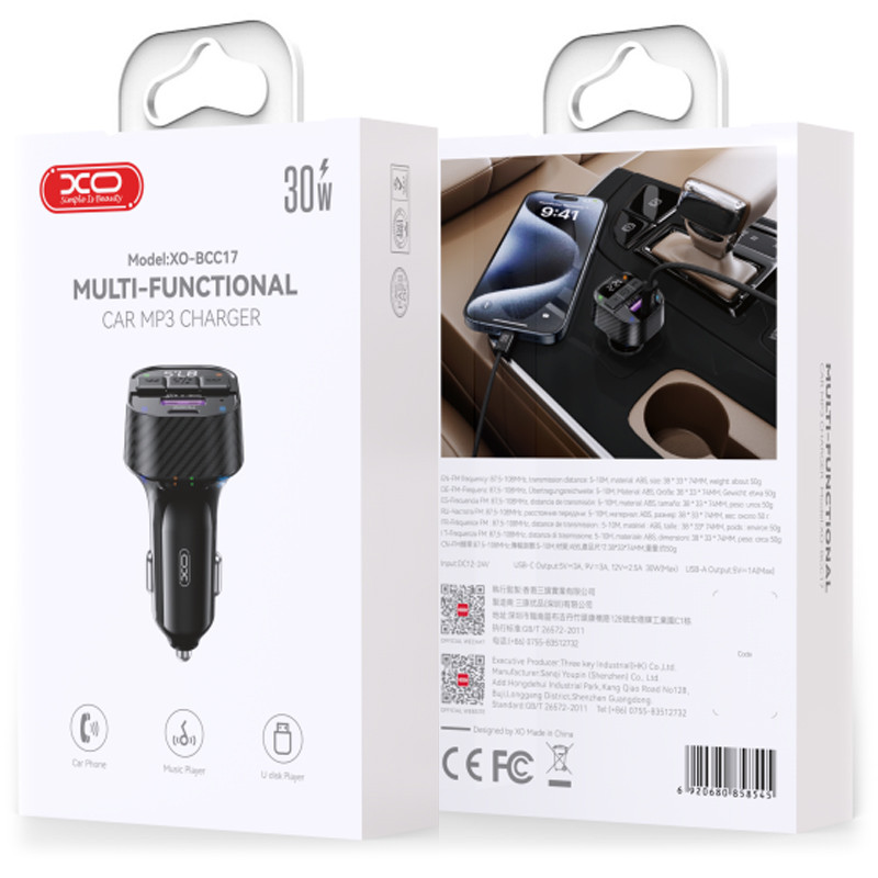 Modulator FM XO BCC17, BT 5.3, incarcare PD30W, 1 x USB-C, 1 x USB-A, mp3, negru 2