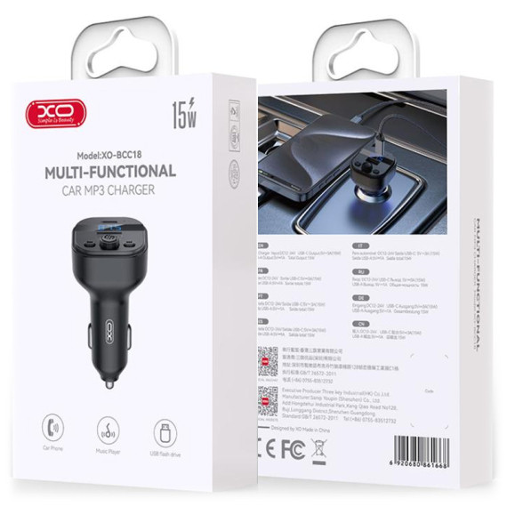 Modulator FM XO BCC18, 1 x USB-C, 1 x USB-A, BT 5.3, 5V, 3.1A, mp3, negru 2