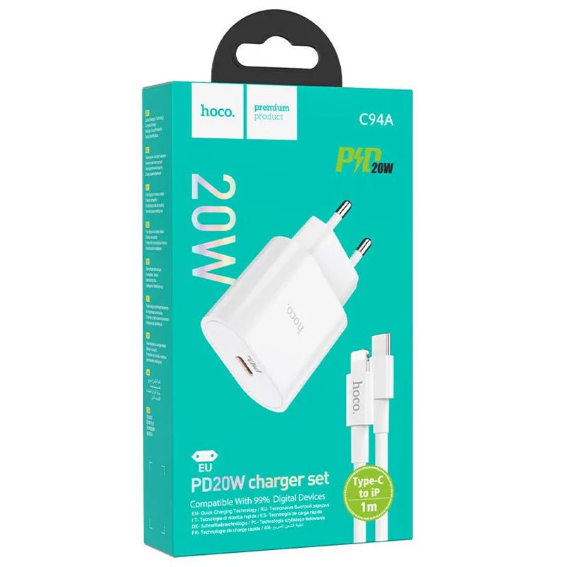 Incarcator casa Hoco C94A, 1 x USB-C PD 20W/3A, cablu Lightning inclus, incarcare rapida, albe 5