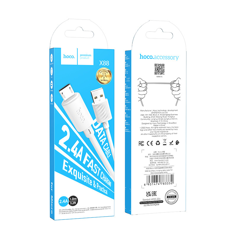 Cablu de date si incarcare MicroUSB Hoco X88, 18W/2.4A, 1 metru, alb 3