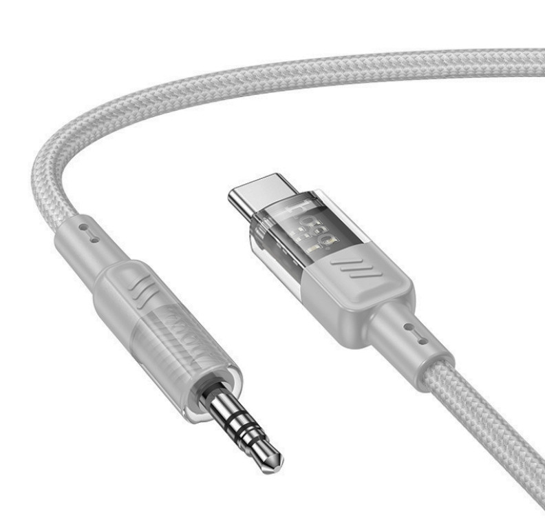 Cablu adaptor Hoco UPA27 Crystal Clear, AUX USB-C / 3,5 mm jack, protectie textila, gri 2