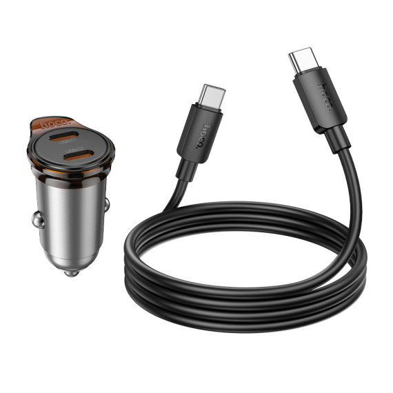 Set incarcator auto + cablu USB-C Hoco NZ16B, PD 45W, 2 x USB-C/PD, gri 3