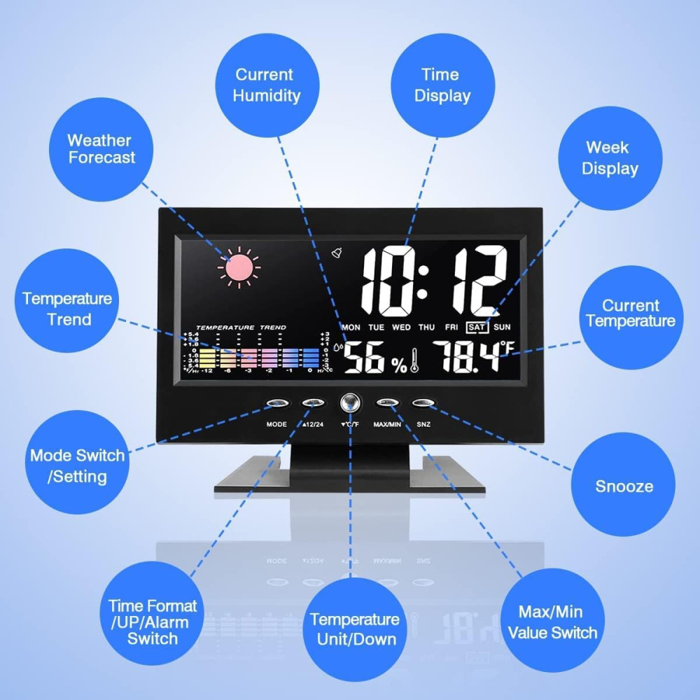 Statie meteo de interior IDK 8082T, ceas, alarma, umiditate, temperatura, afisare ora, data, LCD color, negru 2