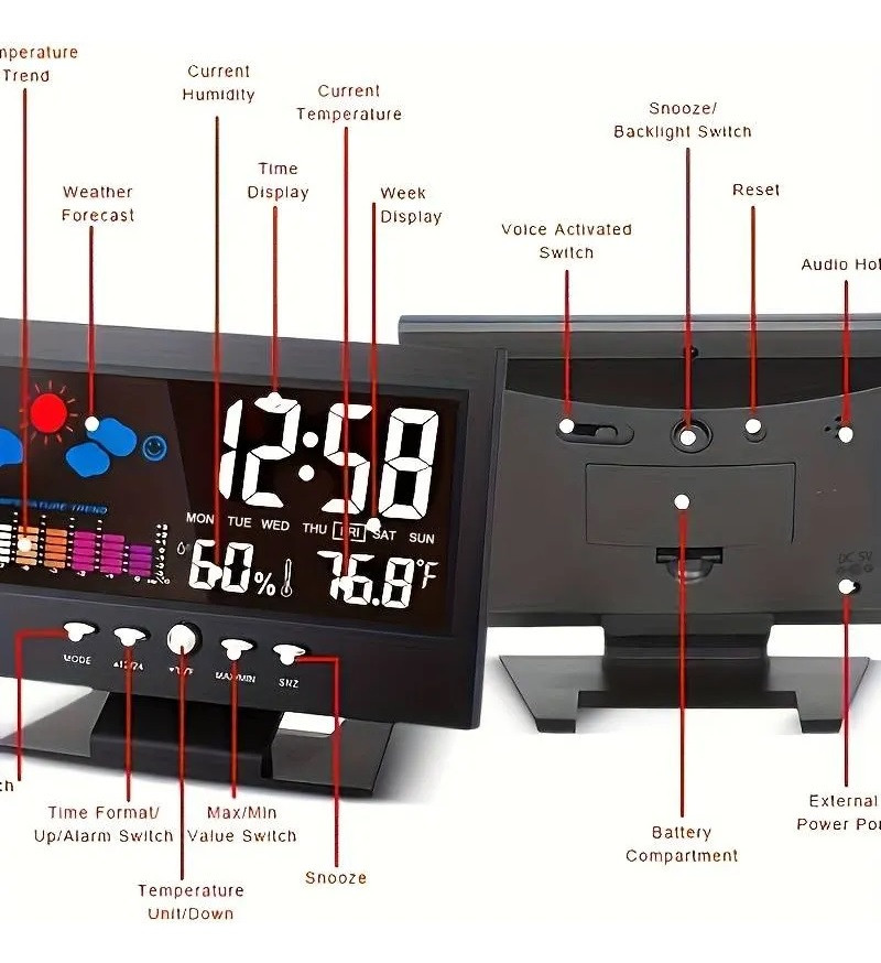 Statie meteo de interior IDK 8082T, ceas, alarma, umiditate, temperatura, afisare ora, data, LCD color, negru 3