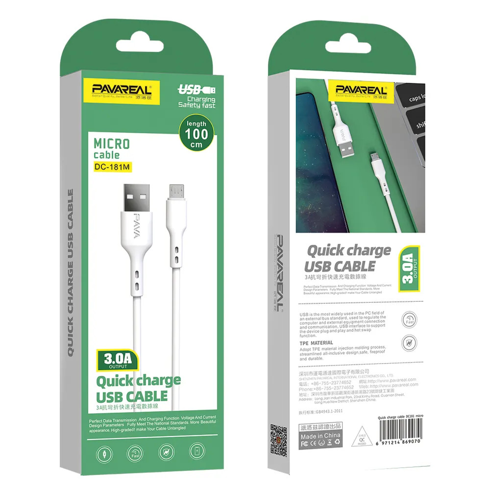 Cablu de date si incarcare USB to MicroUSB Pavareal DC181M, 1 metru, 3A, alb 2