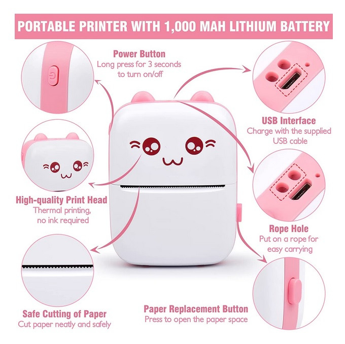 Mini imprimanta termica C9, compatibil iOS/Android, model pisicuta, turcoaz 2
