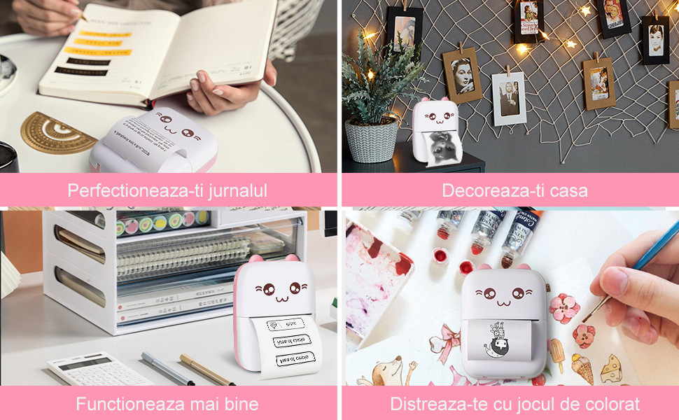 Mini imprimanta termica C9, compatibil iOS/Android, model pisicuta, turcoaz 4