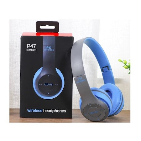 Casti audio P47, Bluetooth 5.0 + EDR, microfon, suport card MicroSD, albastru/gri 3