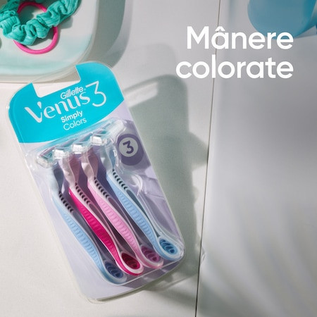 Set 4 aparate de ras Gillette Venus Colors, 3 lame, banda lubrifianta cu aloe, colorate 2