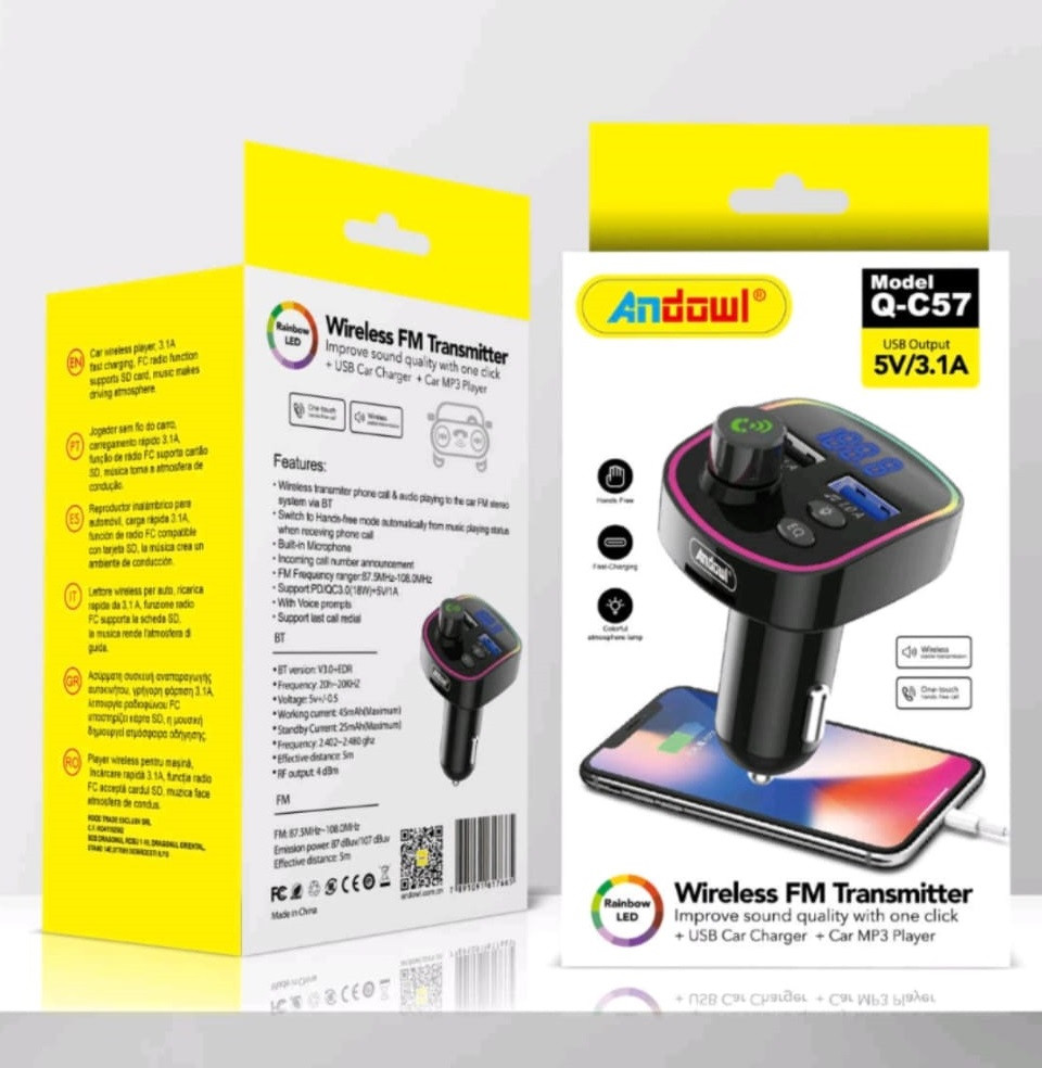 Modulator FM Bluetooth Andowl  Q-C57, 2 porturi USB + 1 port PD, 5V/3.1A, lumini RGB, ecran LED, negru 2