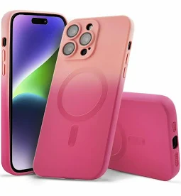 Husa Apple iPhone 14 Plus, Magsafe Ombre Silicone, geam protectie camere, roz