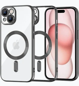 Husa Apple iPhone 15, Magsafe Electroplating TPU, protectie camera, margini negre