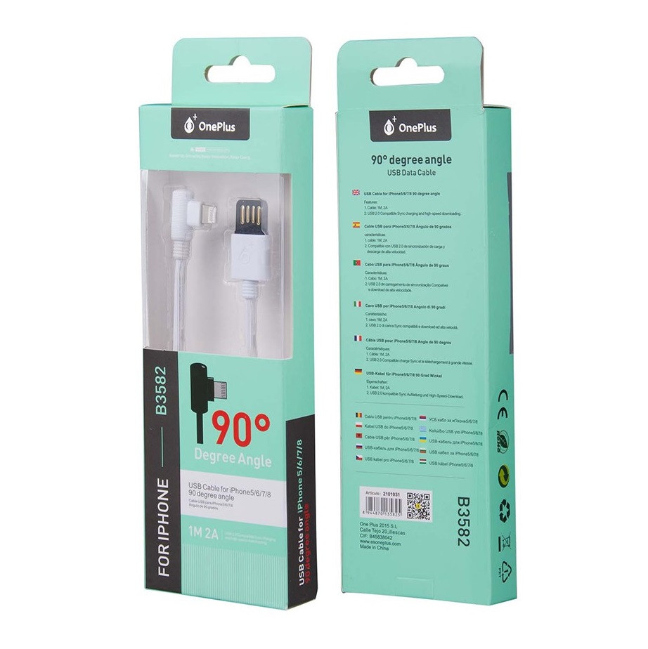 Cablu de date si incarcare Lightning (iPhone) OnePlus, conector la 90 grade, 2A, 1 metru, alb 2