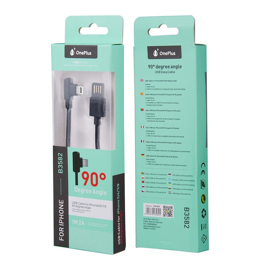 Cablu de date si incarcare Lightning (iPhone) OnePlus, conector la 90 grade, 2A, 1 metru, negru 2