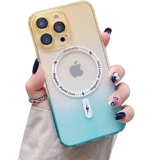 Husa Apple iPhone 14, Magsafe Gradient TPU, geam protectie camere, albastru/portocaliu