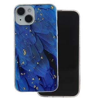 Husa Apple iPhone 15, Gold Glam Blue Feathers
