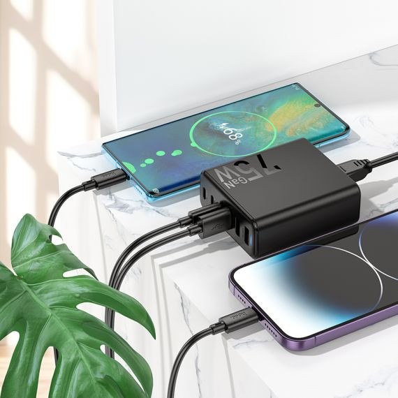 Incarcator priza multiport Hoco C133A Earl, 3 x USB + 3 x Type-C, statie incarcare 75W, cablu 1.5 m, negru 4