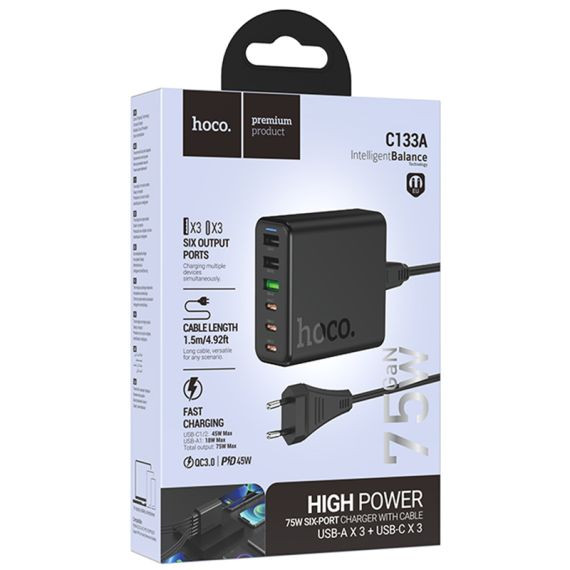 Incarcator priza multiport Hoco C133A Earl, 3 x USB + 3 x Type-C, statie incarcare 75W, cablu 1.5 m, negru 5