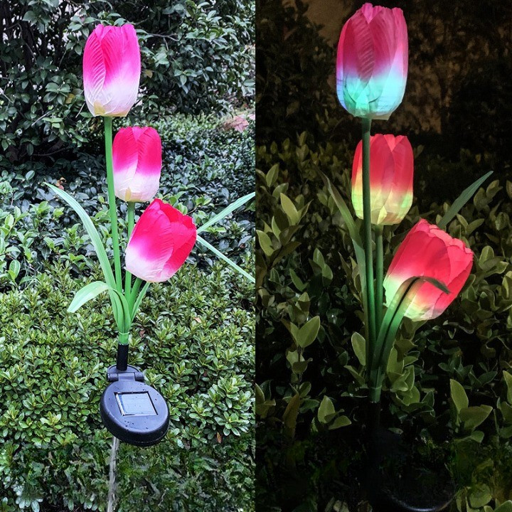 Lampa Solara LED, tip lalele, cu 3 flori pentru gradina, Inaltime 78 cm 2