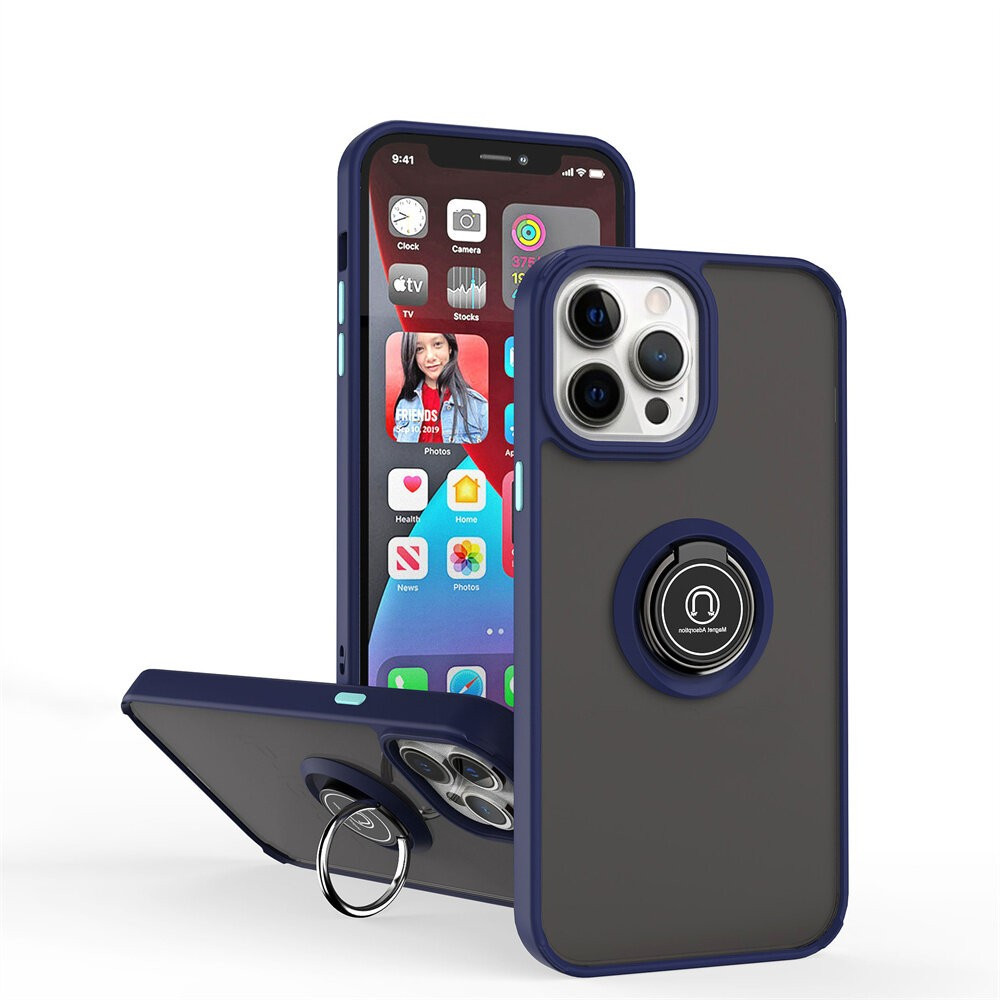 Husa protectie Apple iPhone 14 Pro Max, Metal Bracket, antisoc, inel sustinere, prindere magnetica, margini albastre 2