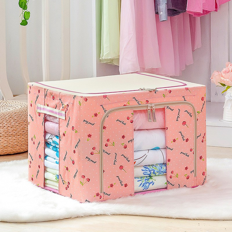 Cutie de depozitare pliabila, fermoar, 66 litri, textil, 50 x 40 x 33 cm, cadru metalic, suport baza stabil din plastic, imprimeu cirese, roz 2